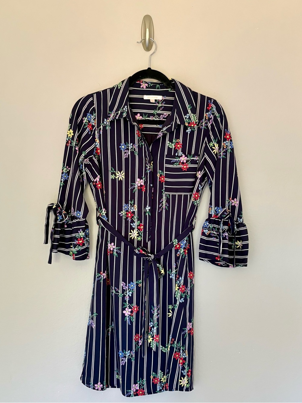Skies Are Blue Navy Stripe Floral Shirtdress Office Workwear Classic Preppy - XS